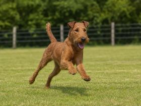 A red Irish Terrier running at full speed across a fenced grass field