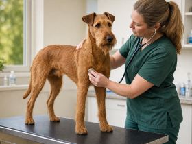 An adult Irish Terrier being examined on a table at a veterinary clinic